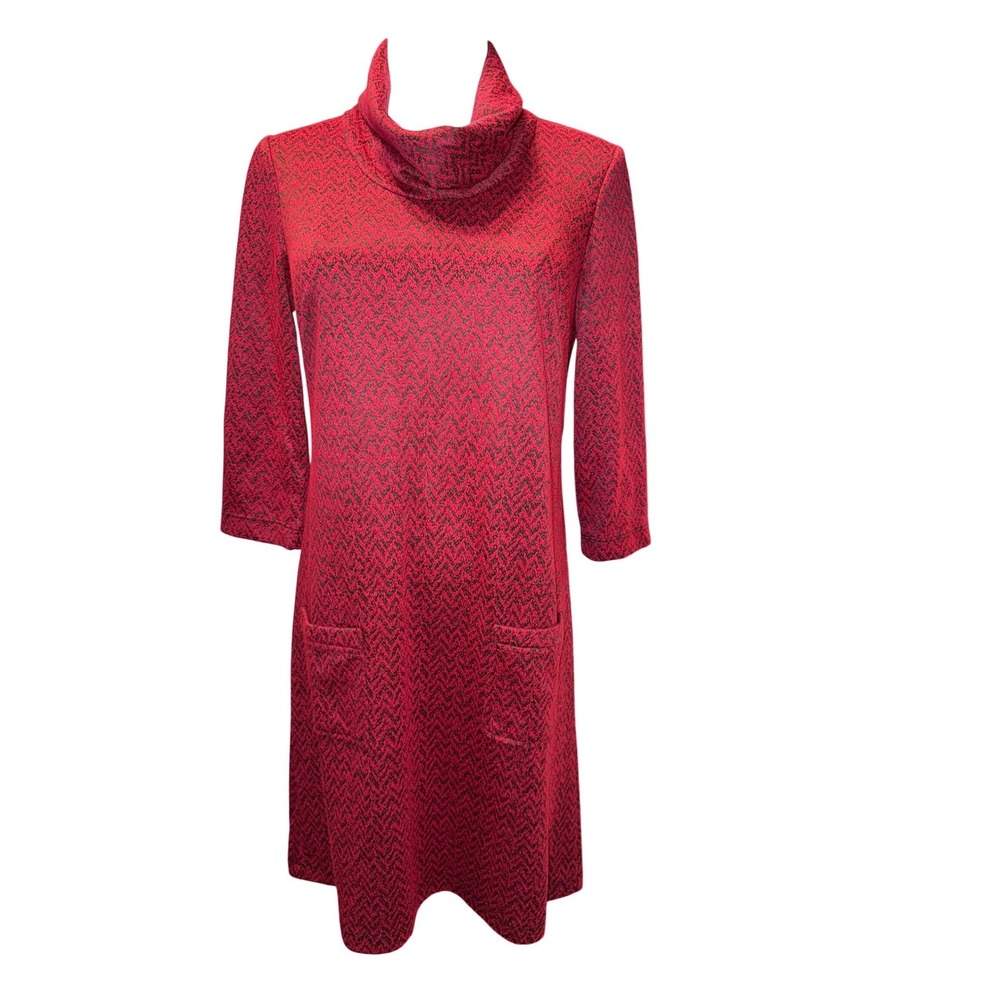Perceptions Petite Red‎ Black Zigzag Knit Cowl Neck 3/4 Sleeve Dress PS NEW